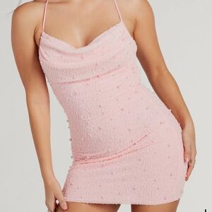 Keira faux pearl strappy open-back mini dress